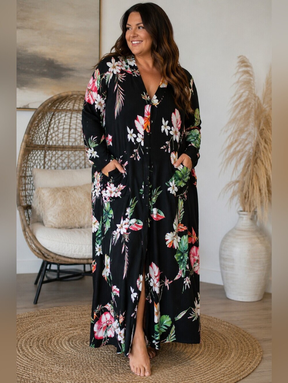 BumbleBella Floral Button Front Maxi Dress Pockets Soft Stretch Size Large